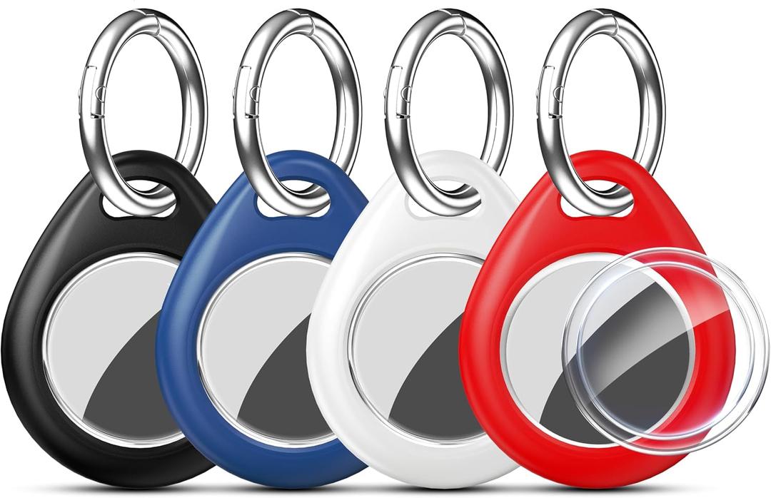 RFUNGUANGO Compatible AirTag Holder Air Tag Keychain Protective Case - 4 Pack Air Tag Protective Case with Metal Keychain for Kids, Pets, Luggage, Backpacks, Keys, Black,Blue,White,Red