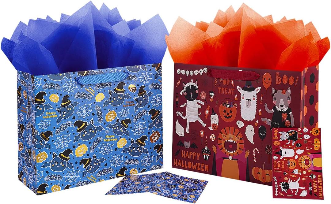 JWSCYSY 2Pack 12.6" Large Happy Halloween Bags with Card and Tissue Paper, Trick or Treat Paper Gift Bags for Kids Holloween Party Favor. (Blue Red)