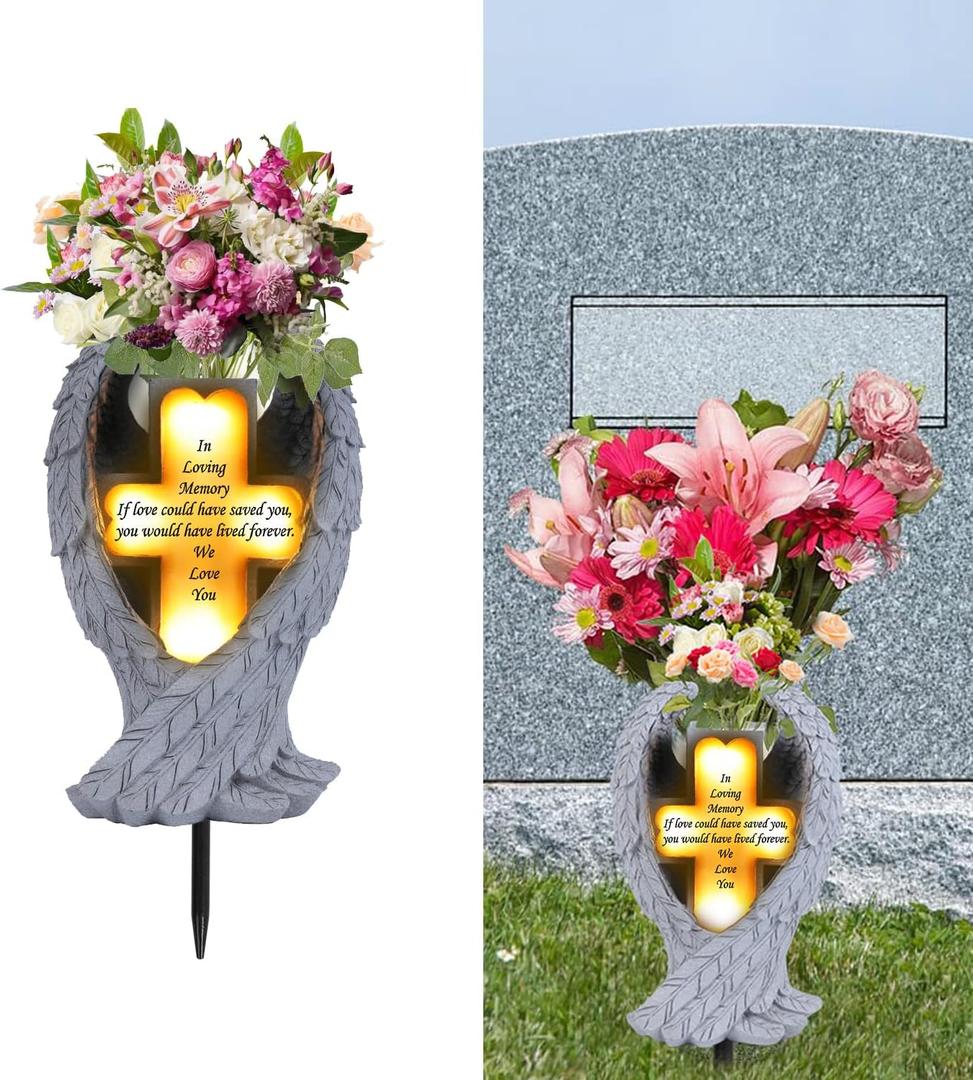 Grave Decorations for Cemetery Heaven Angel Wing Cross, Graveyard Decorations, Vase with Solar LED Lamp, Resin Decorated Bereavement Statue, Gift in Memory of Relatives (White)