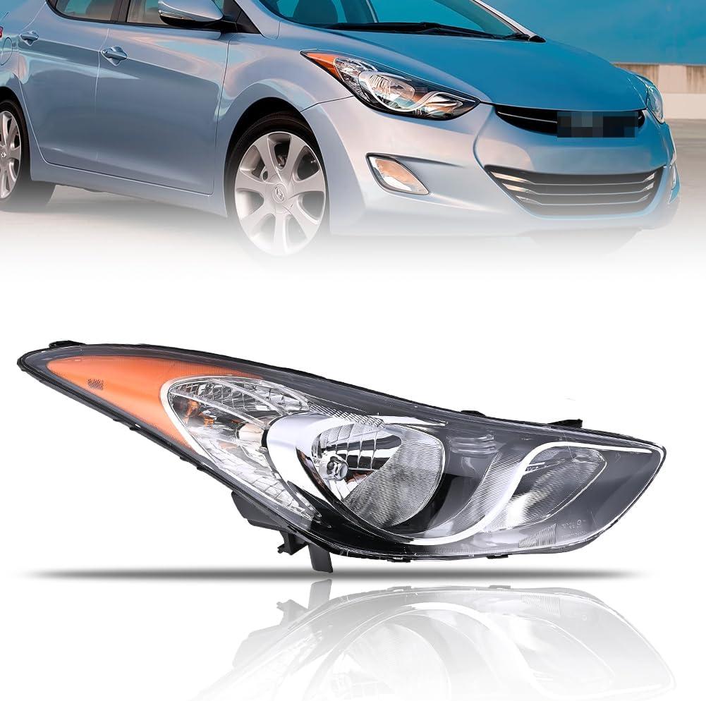Headlight Assembly for Hyundai Elantra 2011 2012 2013, Passenger Side Halogen Headlamp with Clear Lens Black Housing Amber Reflector (All Bulbs Included), 1 PC,92101-3y000 HY2503161