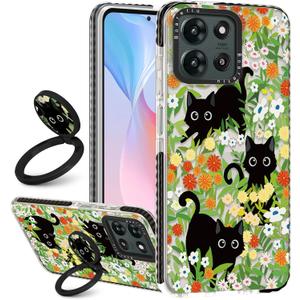 Boaretiu for Motorola Moto G 2025 Case - with Stand Cute Kawaii Fashion 360 Rotate Ring Holder Kickstand Cat Flower for Women Girls Boys Teens Girly Case for Moto G 2025