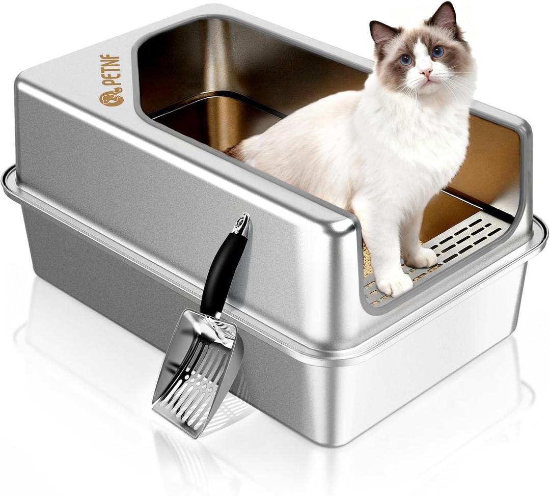 PETNF All Metal Cat Litter Box - All Stainless Steel Litter Box, Odor-Free Large Capacity with Included Litter Scoop, Leak-Proof High-Sided, Easy-to-Maintain for Big Cats & Multi-Cat Homes (1 Pack) (Silver White)