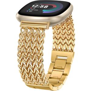 Minyee Metal Bands Compatible with Fitbit Sense 2/Versa 4/Versa 3/Sense Bands Women, Dressy Stainless Steel Multi-chain Designer Luxury Link Bracelet Wristband Replacement Strap (Gold)