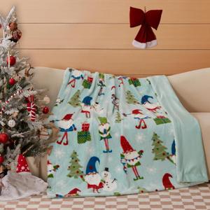 COOVA Christmas Faux Rabbit Fur & Flannel Throw Blanket 50x60 Inch - Festive Luxury Soft & Cozy, Perfect for Holiday Decor, Bed, Sofa, Couch, Father Christmas Pattern,Blue