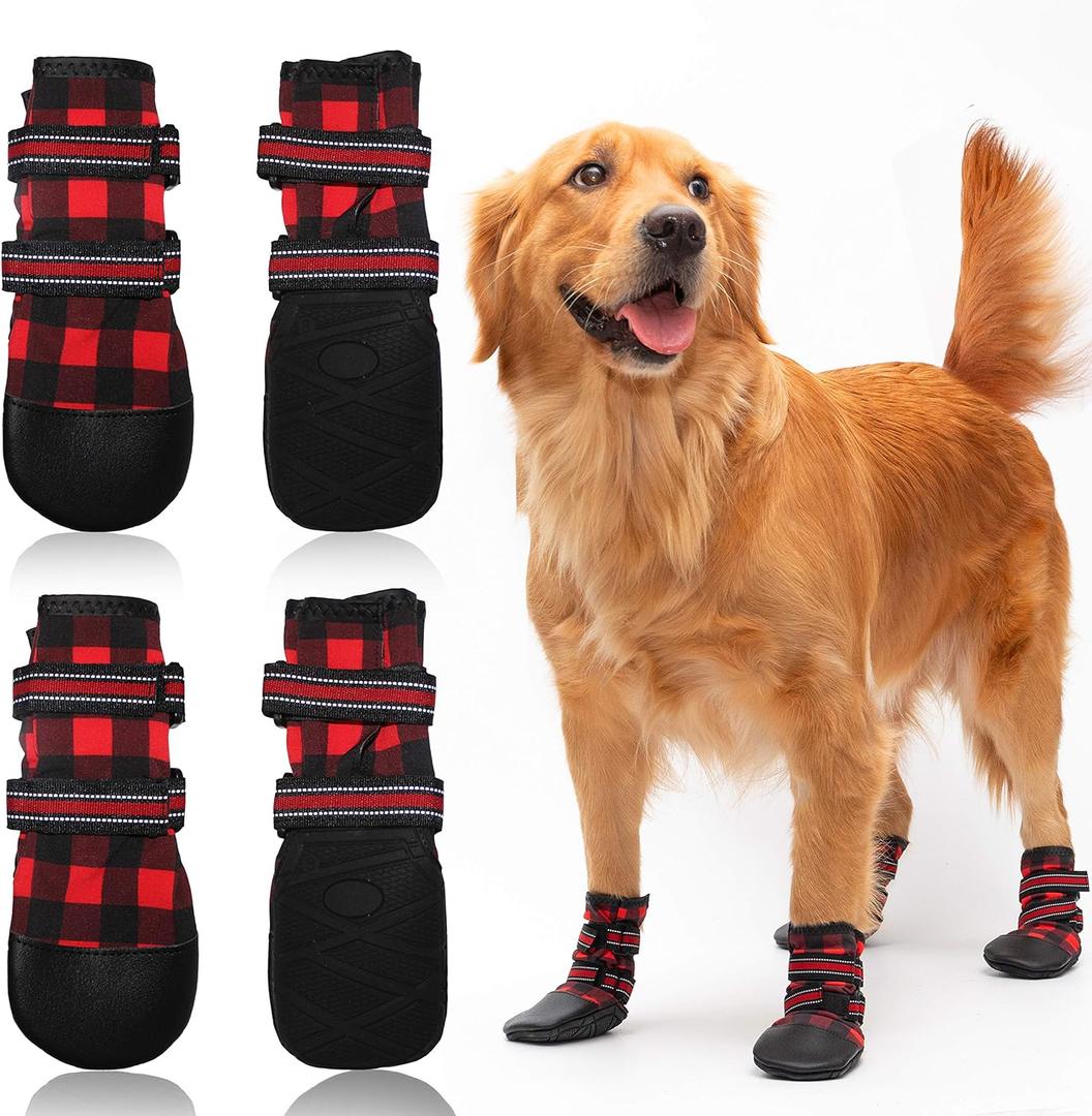 FLYSTAR Dog Shoes for Medium Large Dogs, Waterproof Rain Snow Non-Slip Dog Boots for Winter, Plaid Reflective Adjustable Warm Dog Shoes Paw Protector for Walking Running Hiking Outdoor (7# (paw width: 1.9"-2.7"))
