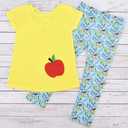 Unique Baby Girls Back to School Apple Embroidered 2 Piece Outfit (8) (Yellow)