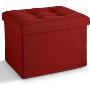 LINMAGCO Small Storage Ottoman Stool Foot Rest Stool Under Desk Stool Short Folding Ottoman Linen Cloth 17X13X13IN(Red)