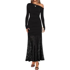 ZESICA Women's Long Sleeve Off Shoulder Bodycon Dresses Fall 2026 Ruched Lace Wedding Guest Cocktail Formal Maxi Dress (Black)