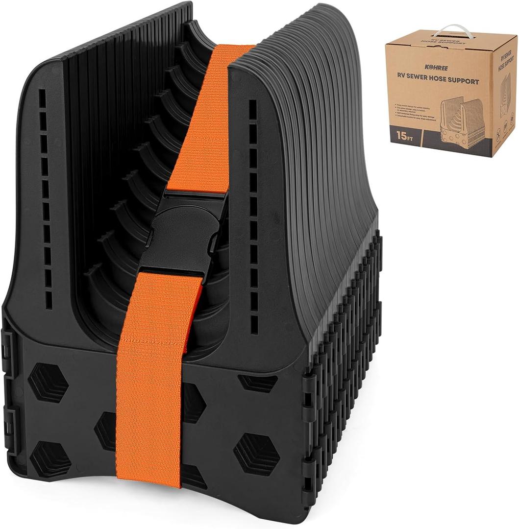 Kohree RV Sewer Hose Support 15FT, Heavy-Duty Camper Sewer Support, Adjustable RV Sewer Hose Holder, Easy to Set Up, Help Dumping Quickly and Securely, RV Septic Hose Support with Carrying Strap (Black)