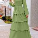 MEROKEETY Women's Summer Spring Long Sleeve Ruffle Tiered Dress 2026 Flowy Layered Square Neck Smocked Maxi Dresses (Green, S)