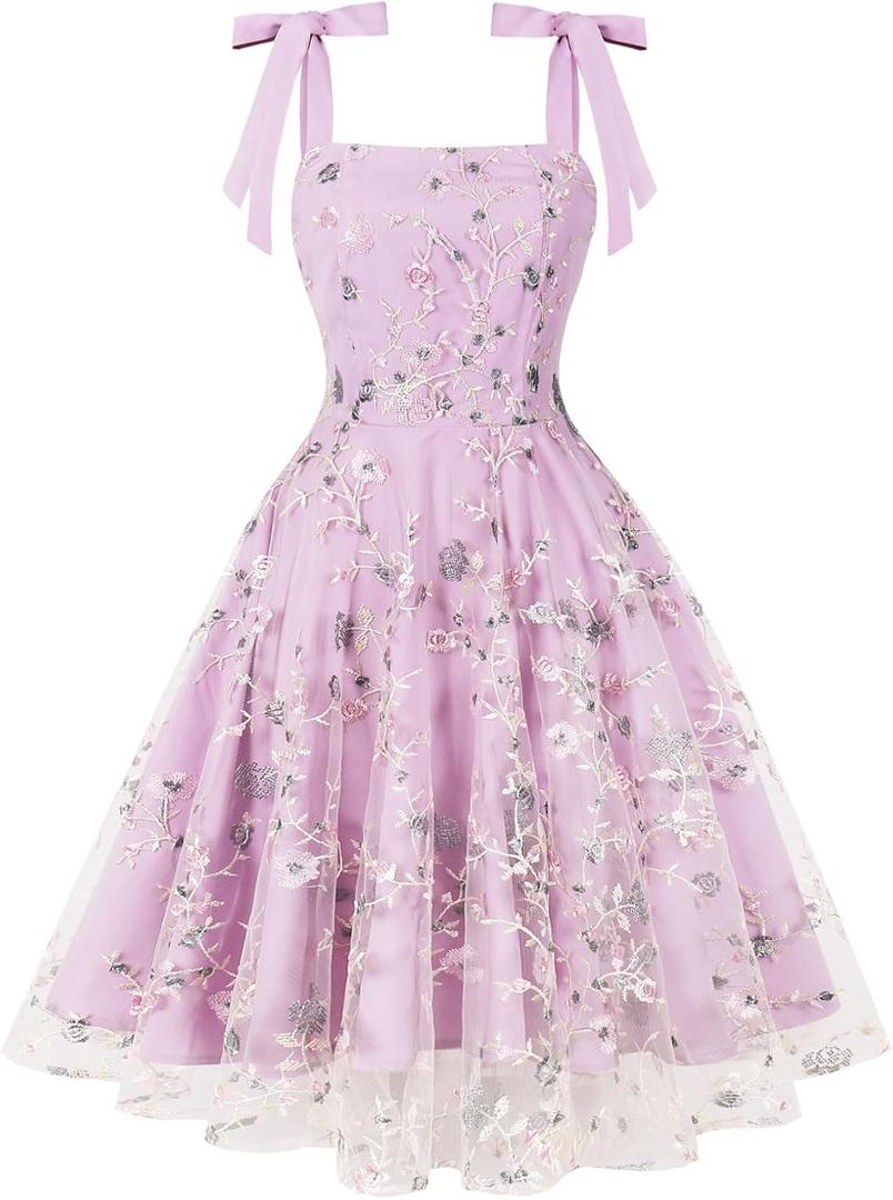 Women's Tie Strap Tulle Prom Dresses Sweetheart Flower Embroidery Dress Short Formal Party Mini Homecoming Dresses (Large, Light Purple)