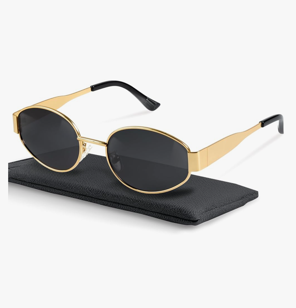 livho Retro Polarized Sunglasses - UV400 Protection, Oval Shape, Metal Frames - Matching Soft Case Inlcuded