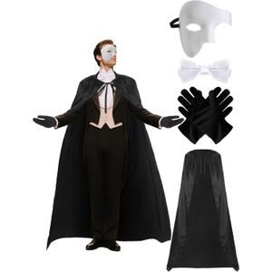 Mepase 4 Pcs Halloween Opera Masquerade Costume Accessories White Phantom Mask Black Cape Gloves Bow Tie Halloween Opera Mask Cosplay Dress up Party Masquerade Party Wear