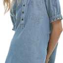 Locachy Women's Half Button Mock Neck Denim Shirt Casual Puff Short Sleeve Denim Blouse Top (Blue, L)