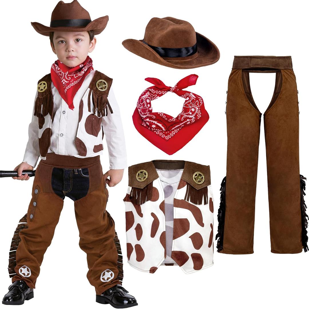 Spooktacular Creations Halloween Cowboy Costume for Boys, Kids White Brown Western Costume, Deluxe Cowboy Outfit Set with Hat for Toddler Halloween Dress-up, RolePlay Themed Party (Large, 10-12 yrs)