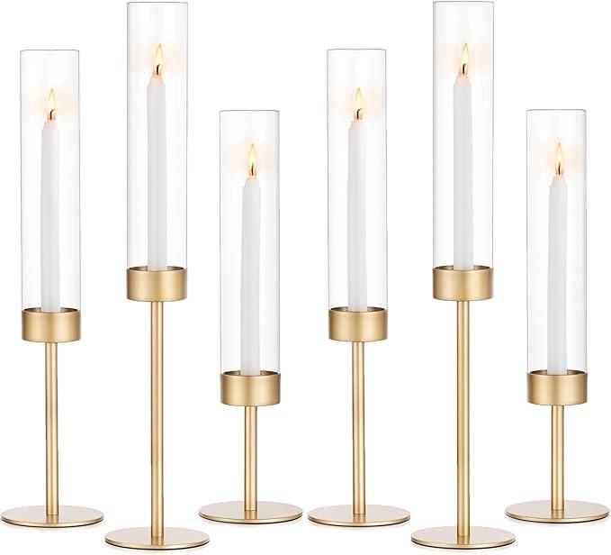 Glass Hurricane Candlestick Holders Gold - Romadedi Set of 6 Taper Candle Holder Bulk Tall Clear Glass Cylinder Table Centerpiece Wedding Decor Party Birthday Christmas Home Decorations