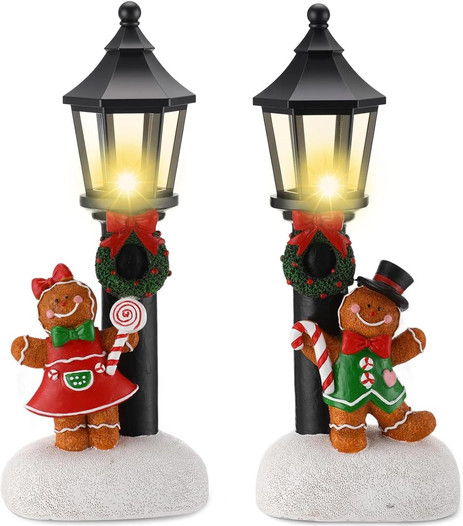 GlikCeil 2 Pcs Christmas Lighted Table Decor 10" Resin Figurine Table Centerpiece with Light up Streetlights Battery Operated Xmas Mini Street Statue Glow for Home Fireplace Shelf(Black Streetlight)