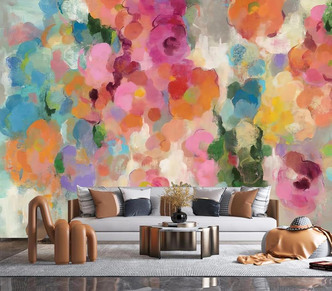 Peel and Stick Vibrant Abstract Floral Painting Mural, 160" x 114"