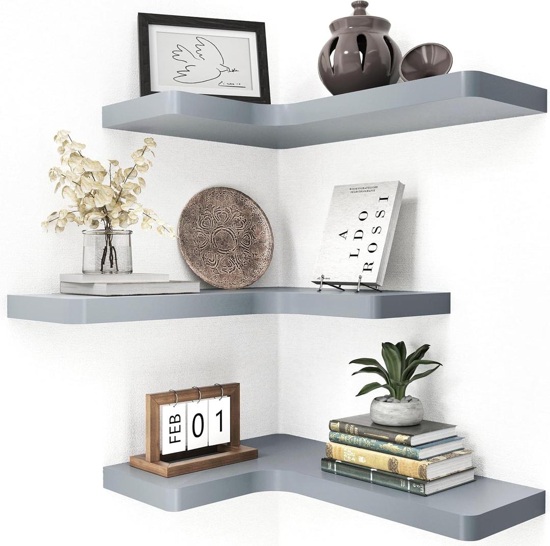 fuqing Corner Floating Shelves, Wall Shelf Set of 3, Shelves for Wall Storage, Solid Wood Shelves for Storage, Wall Mount Wooden Display Shelf for Bathroom Bedroom Kitchen Garage, Dark Grey
