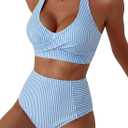 Herseas Women's High Waisted 2 Piece Bikini Sets Halter Patch Pocket Swimsuits 2026 Striped Bathing Suits Resort Wear, Small