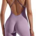 MOOSLOVER Women Strappy Backless One Piece Jumpsuits Tummy Control Padded Workout Rompers (Purple, S)