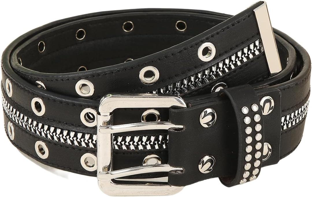 Women's Vintage Zip Rivet Studded Belts PU Leather Western Punk Waist Belts for Jeans (Black)