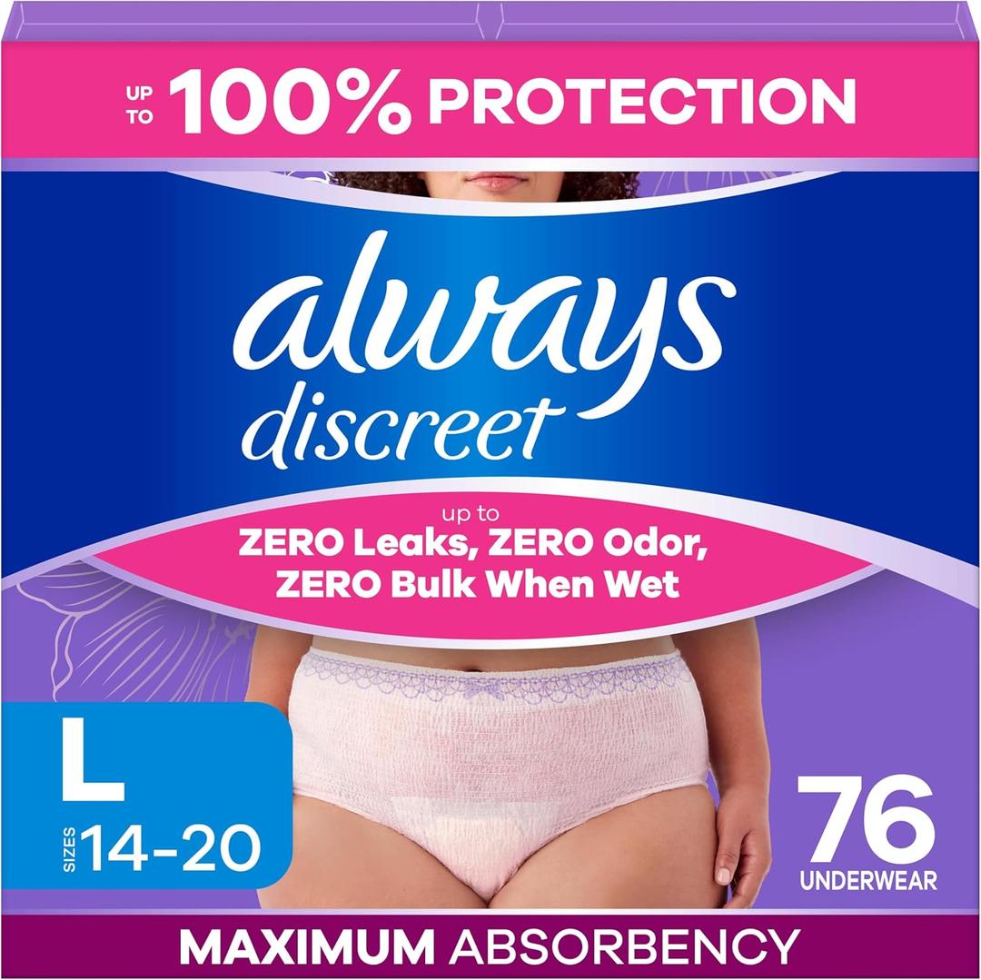 Always Discreet Adult Diapers for Women, Incontinence Underwear, Postpartum Essentials, Disposable Briefs, Max Absorbency, Bladder Leak Protection, Large, 76ct