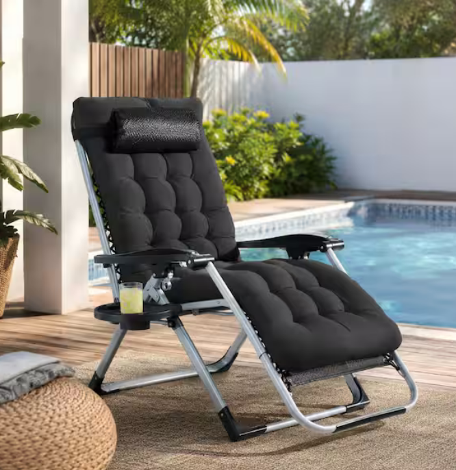 Black Metal Zero Gravity Reclining Outdoor/Indoor Folding Portable Lounge Chair with Removable Cushion and Cup Holder