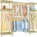 Ulif E7 Garment Rack, Heavy Duty Clothes Storage System with Extendable Hangers Rods, Metal Clothing Rack with 6 Wire Shelves, (52.3"-72") W x 14.5" D x 71.2" H, Load 838lbs, Gold