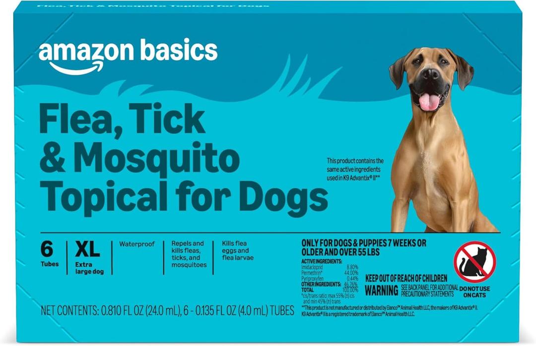 Amazon Basics Preventative Flea, Tick & Mosquito Topical Treatment for X-Large Dogs (Over 55 pounds), Kills Fleas, Long-Lasting, 6 Count