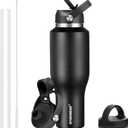 HYDROWION 40 oz Insulated Water Bottle with Straw fit in Car Cup Holder(Cold 48 hrs, Hot 24 hrs) Drinking Bottle with Straw Lid, Spout Lid and Flex Cap Leakproof Travel Thermo MugBlack