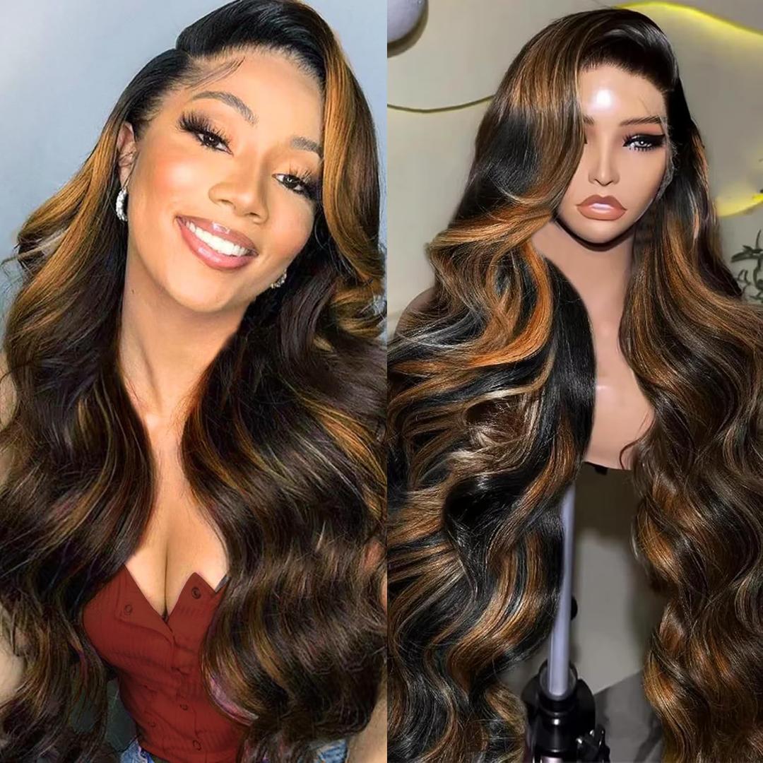 SISgrace 2/27 Ombre Highlight Lace Front Wigs Synthetic Body Wave Wear and Go 13x4x1 Tpart Lace 28 Inch PrePlucked HD Glueless Ombre Lace Front Wig for Black Women