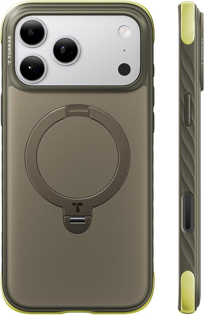 TORRAS Q3 Rugged for iPhone 17 Pro Case with 360 Rotating Magnetic Stand, Fit for MagSafe, 16FT Mil-Grade Drop Protection, Side Anti-Slip Grip, Camera Control Button, Microfiber Lining, Moss Green