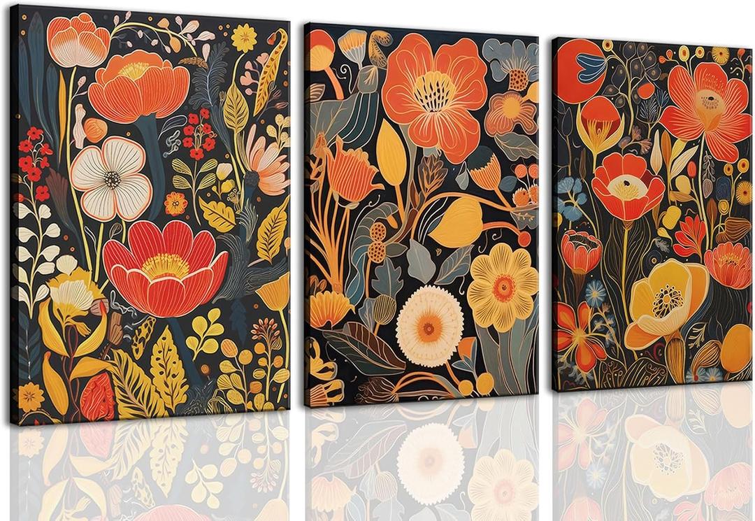 ZQARTZZQ Boho Floral Wall Art Abstract Flower Framed Canvas Prints Flower Mid Century Modern Botanical Painting Colorful Flowers Pictures Wall Decor Set of 4 for Living Room Bedroom Bathroom 16x24in
