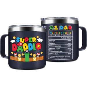 Gossby 14oz Super Daddio Travel Coffee Mug Tumbler - No. 1 Dad Nutrition Facts - Christmas, Fathers Day, Birthday Gift for Dad from Daughter Son Kid - Insulated Stainless Steel Cup with Handle