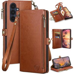 XcaseBar Compatible with Samsung Galaxy A16 5G Wallet case with Zipper Credit Card HolderRFID Blocking,Flip Folio Book PU Leather Phone case Shockproof Cover Women Men for A16 case Light Brown