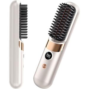 Go Brush Pro Cordless Hair Straightener Brush - Portable Rechargeable Ceramic Styling Brush with 4 Adjustable Heat Modes & LED Display, Perfect for Travel & Everyday Use (Cream White)
