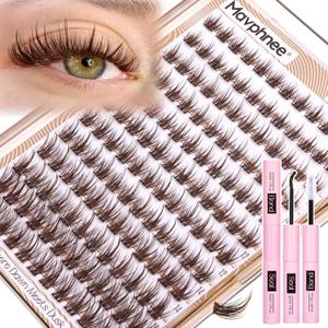 Brown Lash Clusters Kit Wispy Eyelash Extensions Kit Fairy Dark Brown Individual Lashes with Lash Bond and Seal 8-16MM C-Curly Clean Girl Beauty Natural Cluster Lashes (144Pcs, Brown Lash Glue)