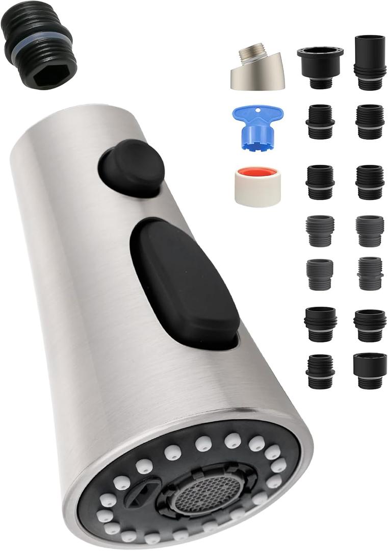 Kitchen Faucet Head Replacement with 15 Adapter Kit Compatible with Kohler/Moen/Delta Faucet, 3 Function Pull Down Sink Faucet Spray Head, Brushed Nickel