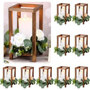 Geelin 10 Pcs Wooden Wedding Lantern Centerpiece Candle Lantern Table Wooden Candle Holder Decorative for Wedding Party Table Valentine Decor(10.59 in,Brown)