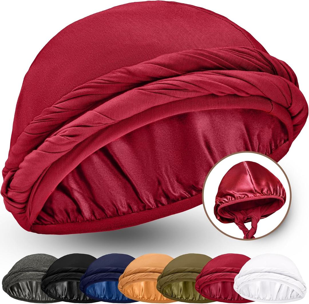 Silk Satin Lined Halo Turban Head Wrap Pre-Tied Skull Cap for Men and Women Sleeping Bonnet Hair Cover Chemo Hair Loss Hat (Red, XL)