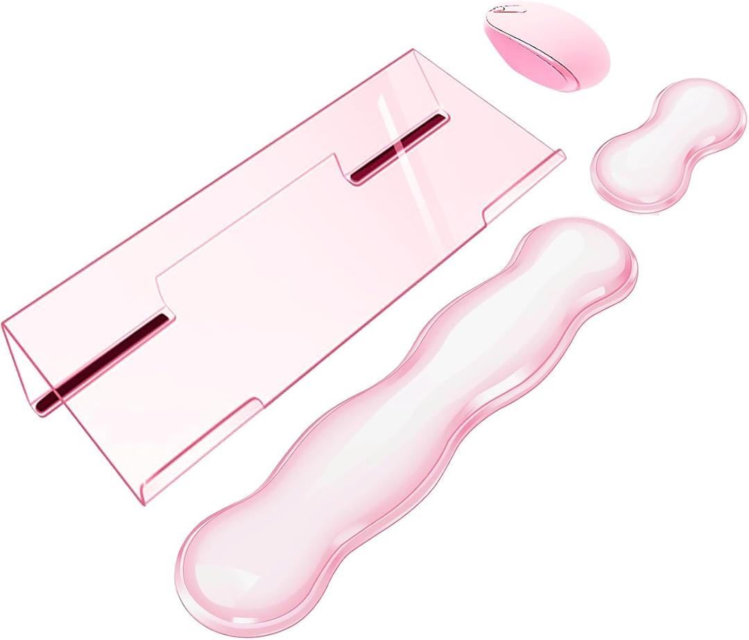 Computer Keyboard Stand Pad with Gel Wrist Rest Keyboard Pad Support with Comfortable Wrist Pad Easy Typing Ergonomic Tilted Acrylic Transparent Keyboard Riser Holder for Desktop Office Home Pink, Large