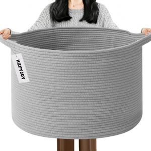 65L Large Blanket Basket,Woven Rope Laundry Basket Hamper with Handles,Decorative Nursery Basket Storage Bin for Toys, Pillows , Clothes Organizer, Living Room, Bedroom, Bathroom, Light Gray