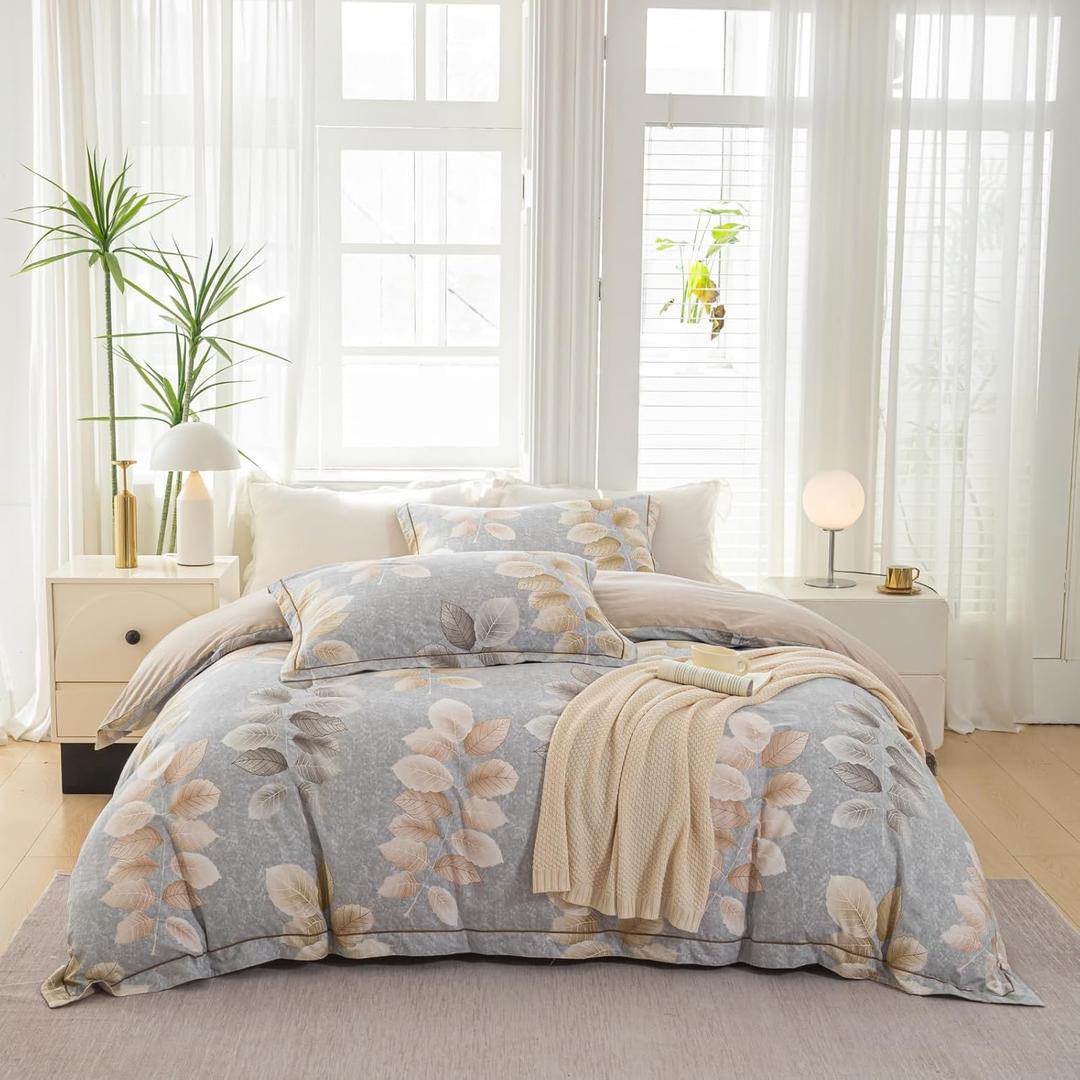 OAITE Duvet Cover Set Queen Size Floral Pattern 500 Thread Count Ultra Soft 100% Cotton Duvet Cover Sets 3-PC, Breathable Duvet Cover with Zipper Closure & Corner Ties