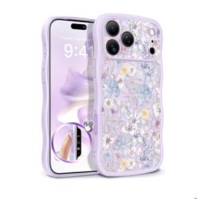 GVIEWIN for iPhone 17 Pro Case Compatible with MagSafe [Curly Wave Edge][Full Camera Protection] Floral Translucent Shockproof Magnetic Women Phone Case for iPhone 17 Pro 6.3'', Apricot Blossom/Purple