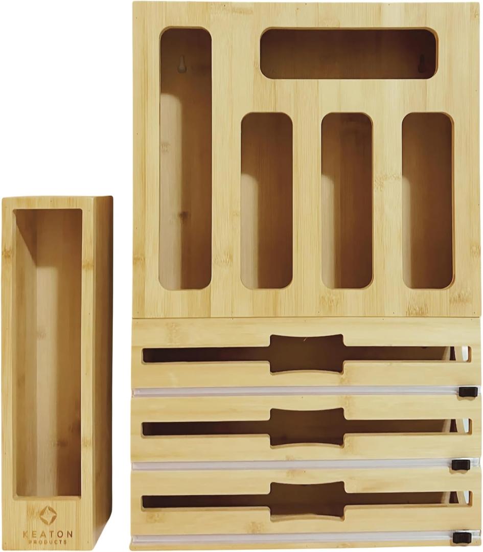 Bamboo Storage Bag Organizer, with Foil, Wax, and Plastic Wrap cutter, 9 in 1