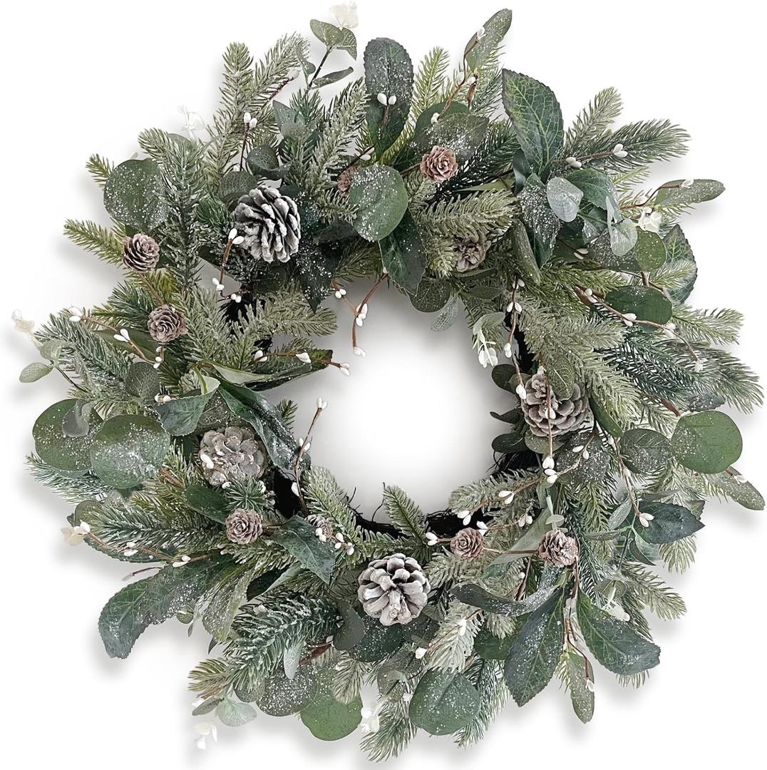22" Green Winter Wreath, Artificial Pine Cone & Holly Front Door Wreath for Christmas Farmhouse Indoor Outdoor Decor