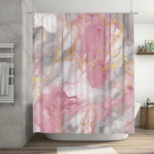 DAOWANGZUO Pink Gold Shower Curtain, White Grey Abstract Natural Marble Boho Shower Curtain Set, Red Gray Luxury Texture Farmhouse Fabric Bathroom Curtains with 12 Hooks 72x72in YLADW590