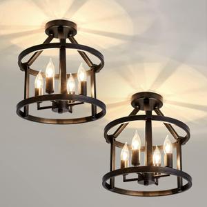 UOFUS 2Pack Semi Flush Mount Ceiling Light Fixture Farmhouse Matte Chandelier Ceiling Lamp for Entryway Foyer Dining Room Bedroom Kitchen Hallway, Black Metal