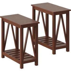 ChooChoo Farmhouse End Table Set of 2, Rustic Vintage Narrow End Side Table with Storage Shelf for Small Spaces, Nightstand Sofa Table for Living Room, Bedroom Walnut